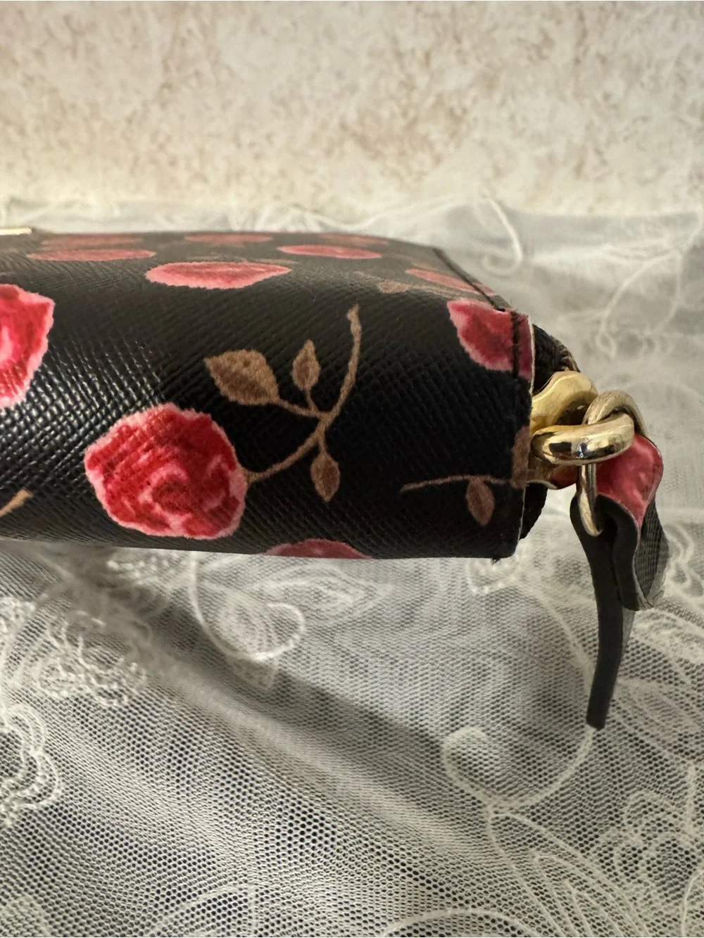 Kate Spade Black Wallet with Pink Rose Print